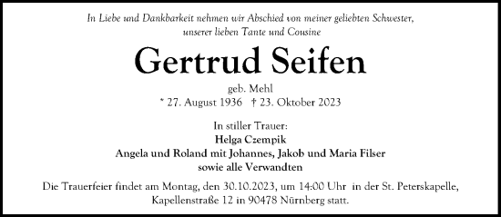 Traueranzeige von Gertrud Seifen von Gesamtausgabe Nürnberger Nachrichten/ Nürnberger Ztg.