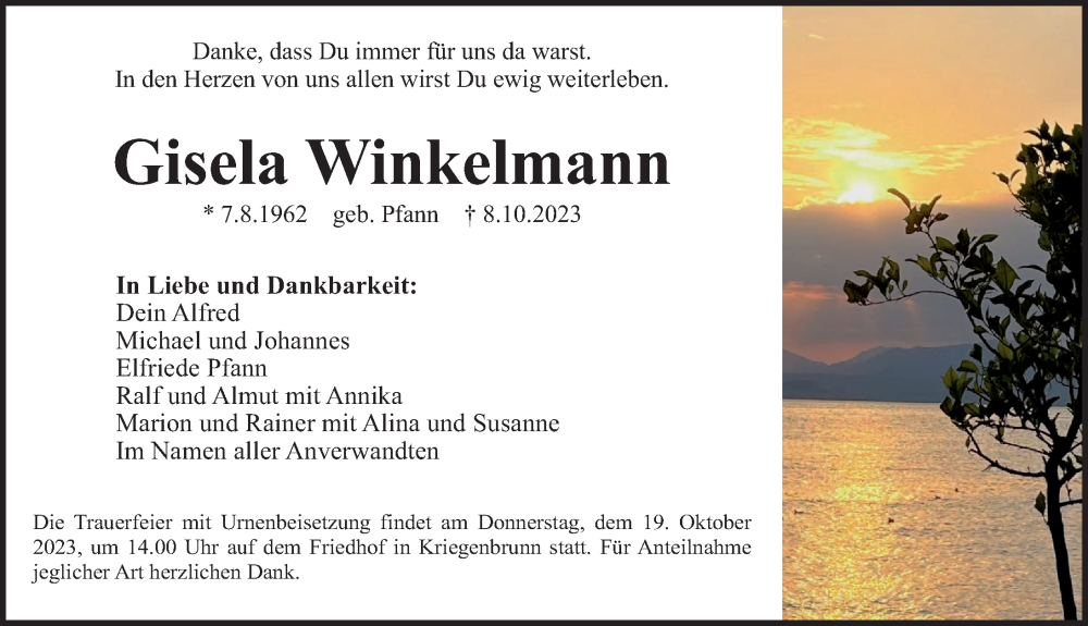  Traueranzeige für Gisela Winkelmann vom 14.10.2023 aus Erlanger Nachrichten Lokal