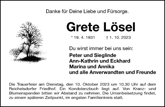 Traueranzeige von Grete Lösel von Gesamtausgabe Nürnberger Nachrichten/ Nürnberger Ztg.