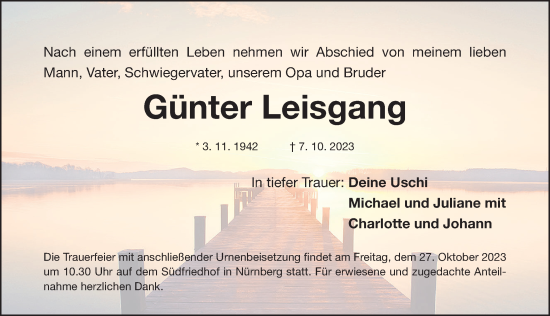 Traueranzeige von Günter Leisgang von Gesamtausgabe Nürnberger Nachrichten/ Nürnberger Ztg.