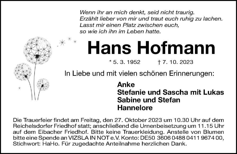  Traueranzeige für Hans Hofmann vom 21.10.2023 aus Gesamtausgabe Nürnberger Nachrichten/ Nürnberger Ztg.