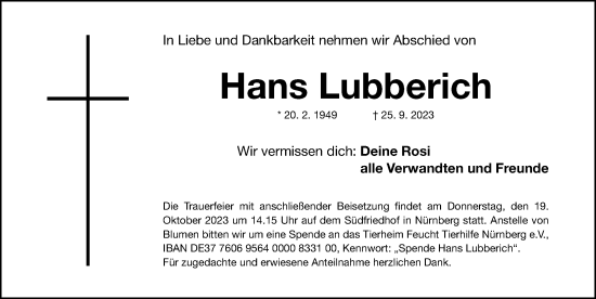 Traueranzeige von Hans Lubberich von Gesamtausgabe Nürnberger Nachrichten/ Nürnberger Ztg.