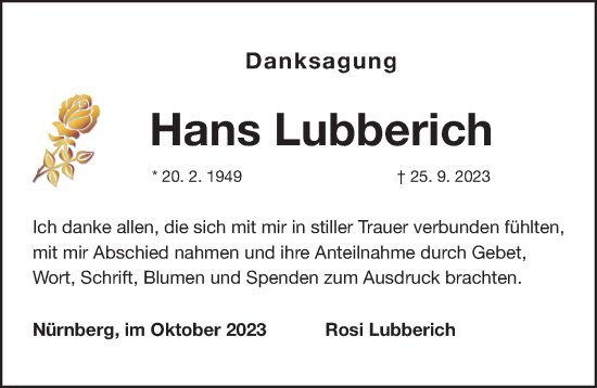 Traueranzeige von Hans Lubberich von Gesamtausgabe Nürnberger Nachrichten/ Nürnberger Ztg.