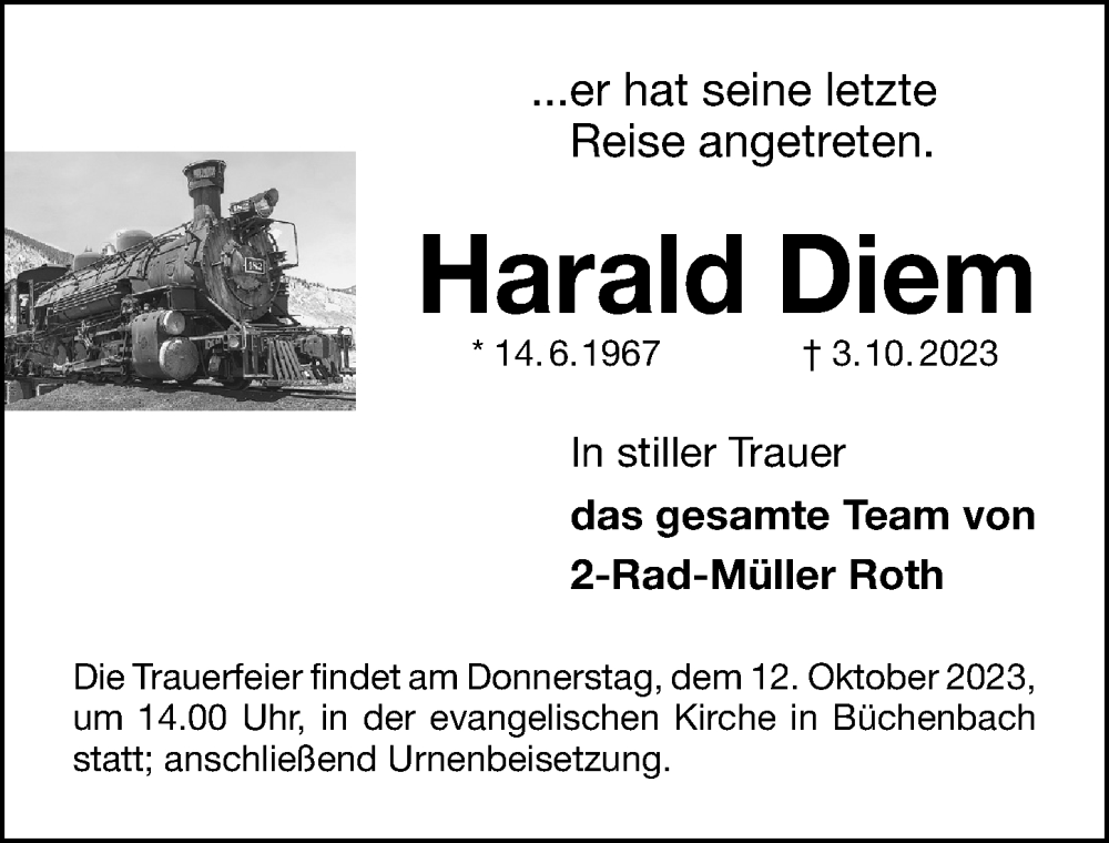  Traueranzeige für Harald Diem vom 07.10.2023 aus Roth-Hilpoltsteiner Volkszeitung Lokal