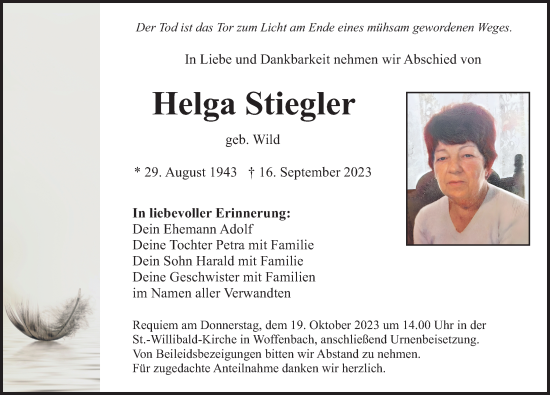 Traueranzeigen von Helga Stiegler | trauer.nn.de