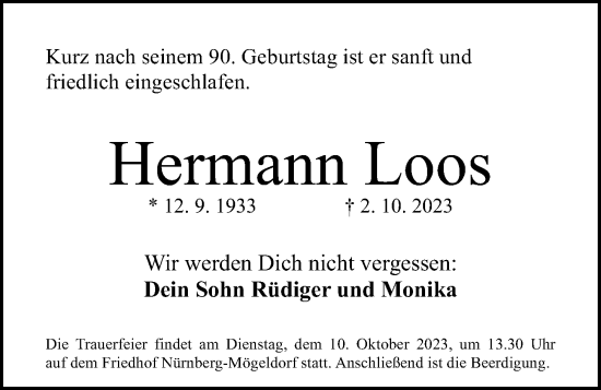 Traueranzeige von Hermann Loos von Gesamtausgabe Nürnberger Nachrichten/ Nürnberger Ztg.