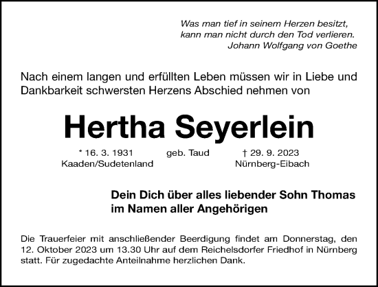 Traueranzeige von Hertha Seyerlein von Gesamtausgabe Nürnberger Nachrichten/ Nürnberger Ztg.