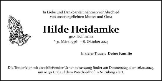 Traueranzeige von Hilde Heidamke von Gesamtausgabe Nürnberger Nachrichten/ Nürnberger Ztg.
