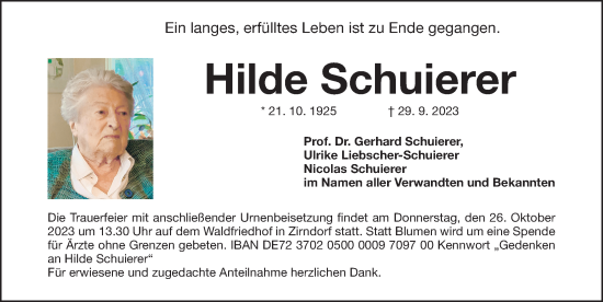 Traueranzeige von Hilde Schuierer von Gesamtausgabe Nürnberger Nachrichten/ Nürnberger Ztg.