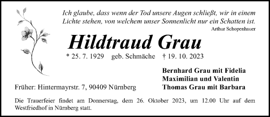 Traueranzeige von Hildtraud Grau von Gesamtausgabe Nürnberger Nachrichten/ Nürnberger Ztg.