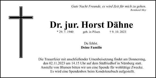 Traueranzeige von Horst Dähne von Gesamtausgabe Nürnberger Nachrichten/ Nürnberger Ztg.