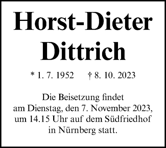 Traueranzeige von Horst-Dieter Dittrich von Gesamtausgabe Nürnberger Nachrichten/ Nürnberger Ztg.