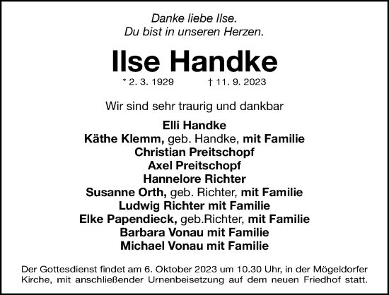 Traueranzeige von Ilse Handke von Gesamtausgabe Nürnberger Nachrichten/ Nürnberger Ztg.