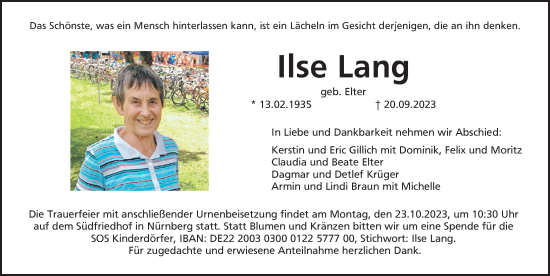 Traueranzeige von Ilse Lang von Gesamtausgabe Nürnberger Nachrichten/ Nürnberger Ztg.