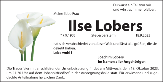 Traueranzeige von Ilse Lobers von Gesamtausgabe Nürnberger Nachrichten/ Nürnberger Ztg.