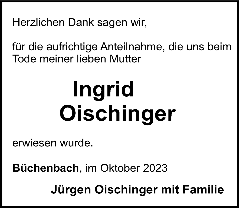  Traueranzeige für Ingrid Oischinger vom 28.10.2023 aus Roth-Hilpoltsteiner Volkszeitung Lokal