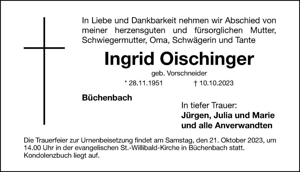  Traueranzeige für Ingrid Oischinger vom 18.10.2023 aus Roth-Hilpoltsteiner Volkszeitung Lokal