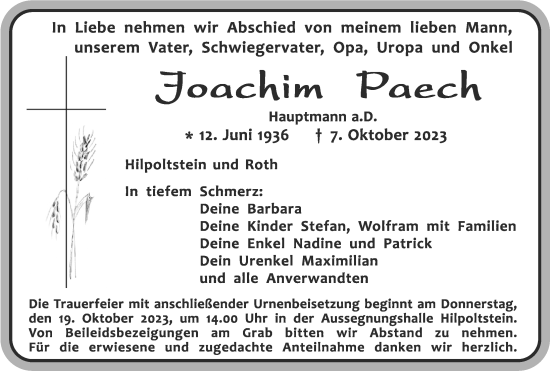 Traueranzeige von Joachim Paech von Roth-Hilpoltsteiner Volkszeitung Lokal