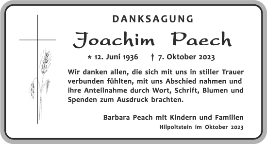 Traueranzeige von Joachim Paech von Roth-Hilpoltsteiner Volkszeitung Lokal