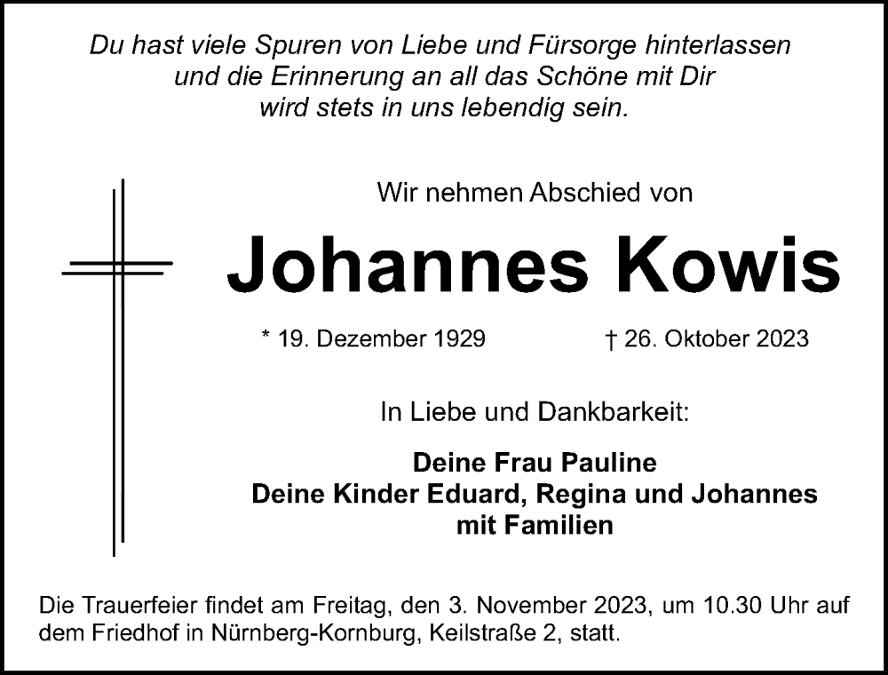  Traueranzeige für Johannes Kowis vom 28.10.2023 aus Gesamtausgabe Nürnberger Nachrichten/ Nürnberger Ztg.