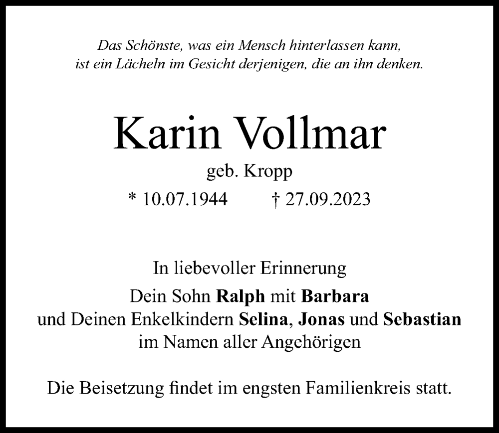 Traueranzeigen Von Karin Vollmar | Trauer.nn.de