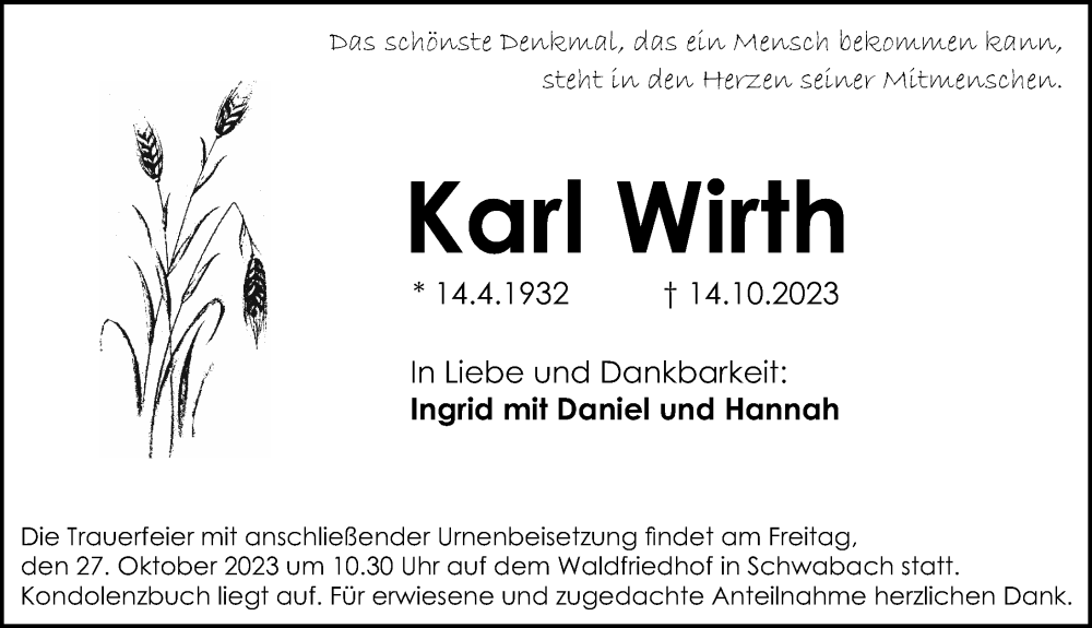 Traueranzeigen Von Karl Wirth | Trauer.nn.de