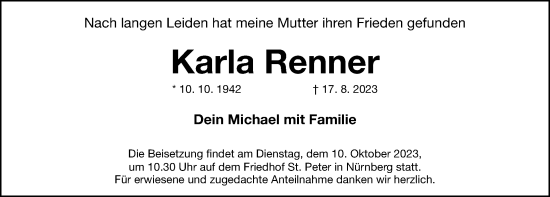 Traueranzeige von Karla Renner von Gesamtausgabe Nürnberger Nachrichten/ Nürnberger Ztg.