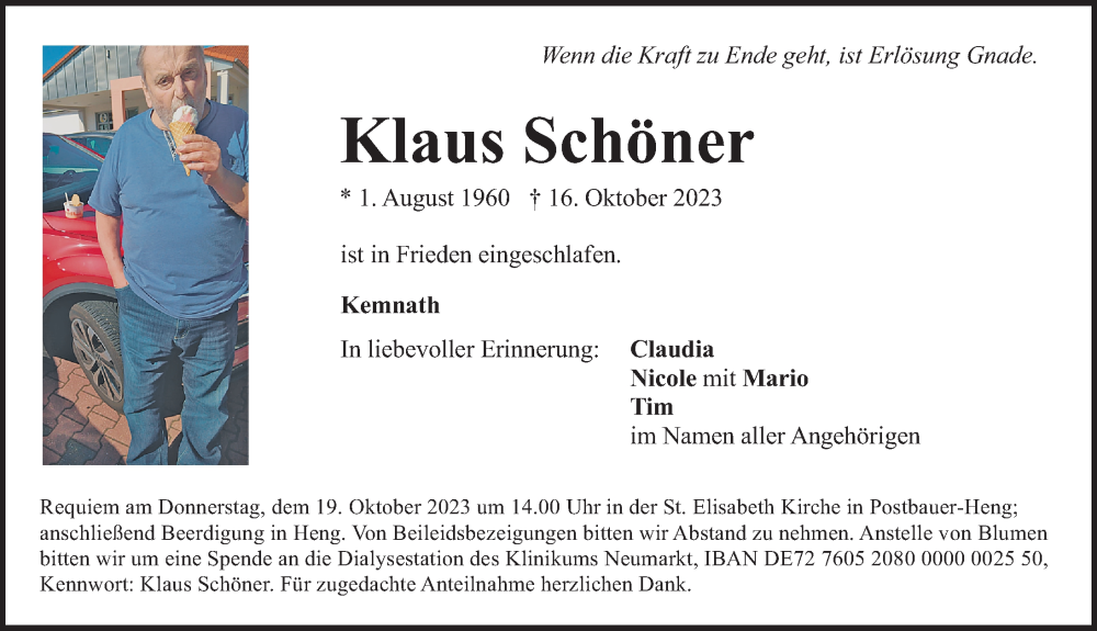  Traueranzeige für Klaus Schöner vom 18.10.2023 aus Neumarkter Nachrichten Lokal