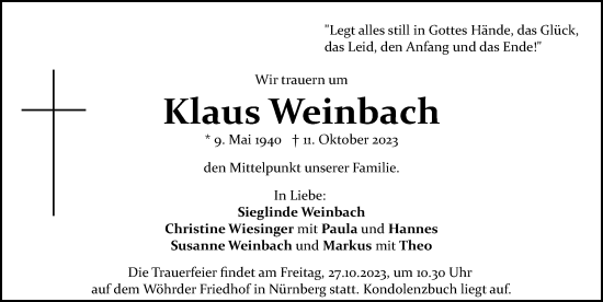 Traueranzeige von Klaus Weinbach von Gesamtausgabe Nürnberger Nachrichten/ Nürnberger Ztg.