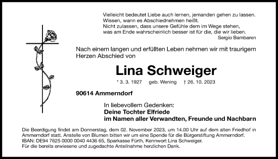 Traueranzeige von Lina Schweiger von Fürther Nachrichten Lokal