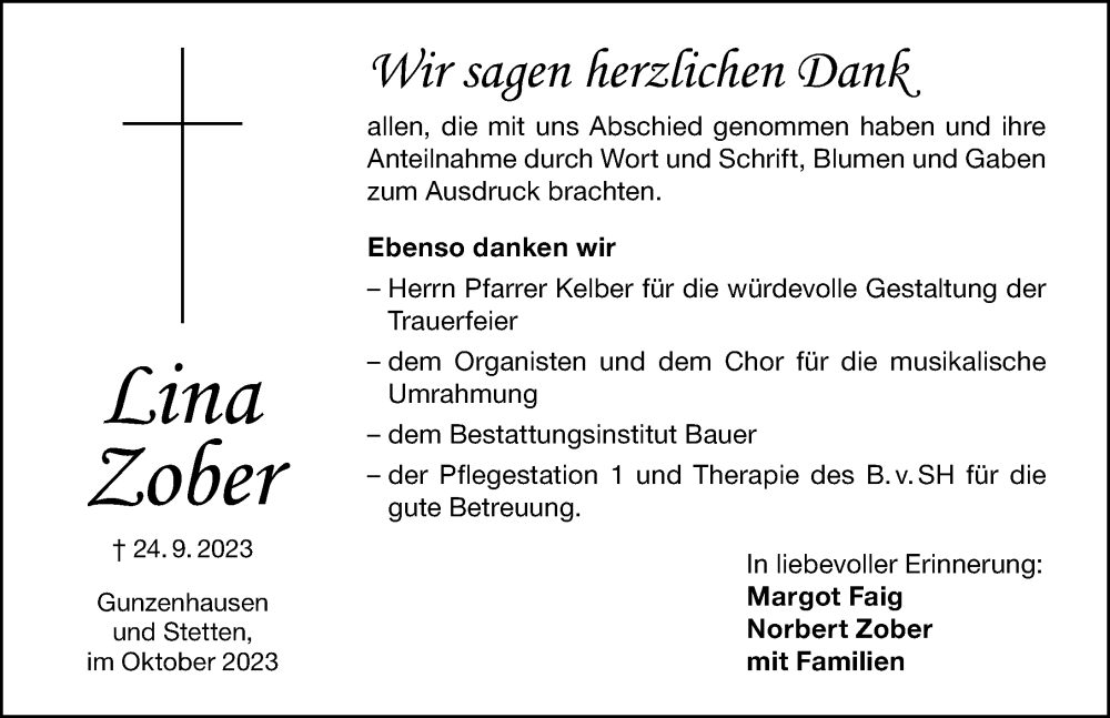  Traueranzeige für Lina Zober vom 14.10.2023 aus Altmühl-Bote Lokal
