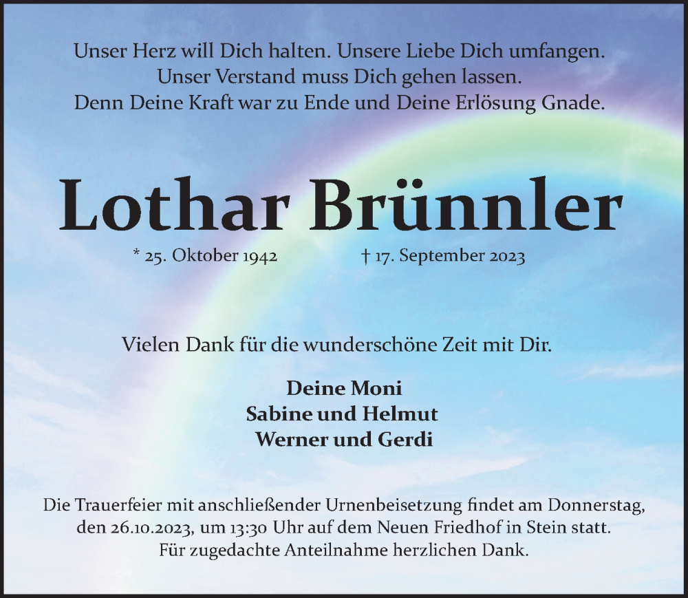  Traueranzeige für Lothar Brünnler vom 07.10.2023 aus Fürther Nachrichten Lokal