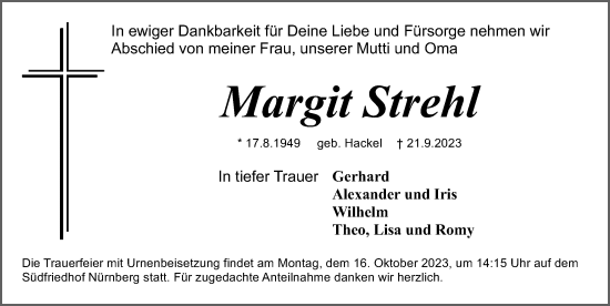 Traueranzeige von Margit Strehl von Gesamtausgabe Nürnberger Nachrichten/ Nürnberger Ztg.