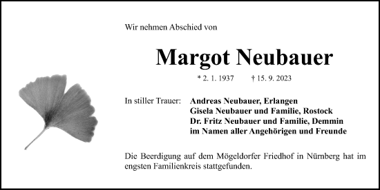 Traueranzeige von Margot Neubauer von Gesamtausgabe Nürnberger Nachrichten/ Nürnberger Ztg.