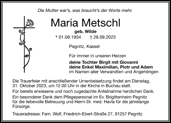 Traueranzeige von Maria Metschl von Nordbayerische Nachrichten Pegnitz Lokal