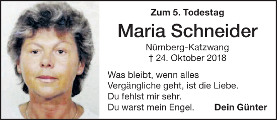 Traueranzeige von Maria Schneider von Schwabacher Tagblatt Lokal