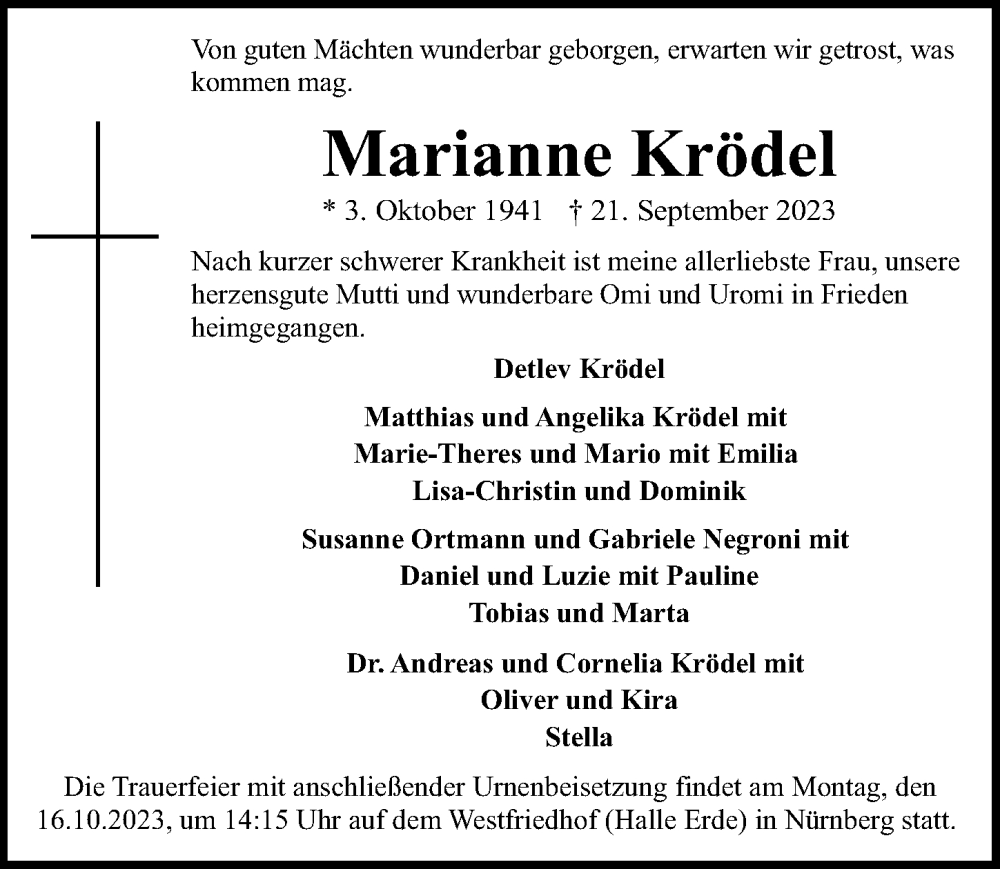  Traueranzeige für Marianne Krödel vom 07.10.2023 aus Gesamtausgabe Nürnberger Nachrichten/ Nürnberger Ztg.
