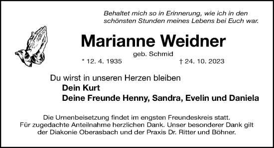 Traueranzeige von Marianne Weidner von Fürther Nachrichten Lokal