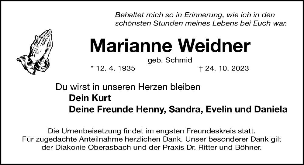  Traueranzeige für Marianne Weidner vom 28.10.2023 aus Fürther Nachrichten Lokal
