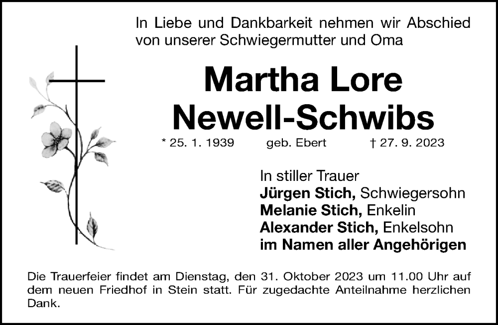  Traueranzeige für Martha Lore Newell-Schwibs vom 28.10.2023 aus Gesamtausgabe Nürnberger Nachrichten/ Nürnberger Ztg.