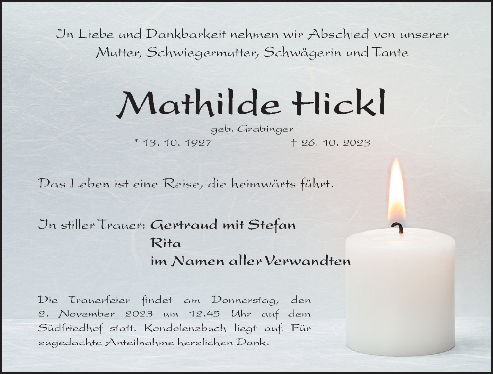  Traueranzeige für Mathilde Hickl vom 31.10.2023 aus Gesamtausgabe Nürnberger Nachrichten/ Nürnberger Ztg.
