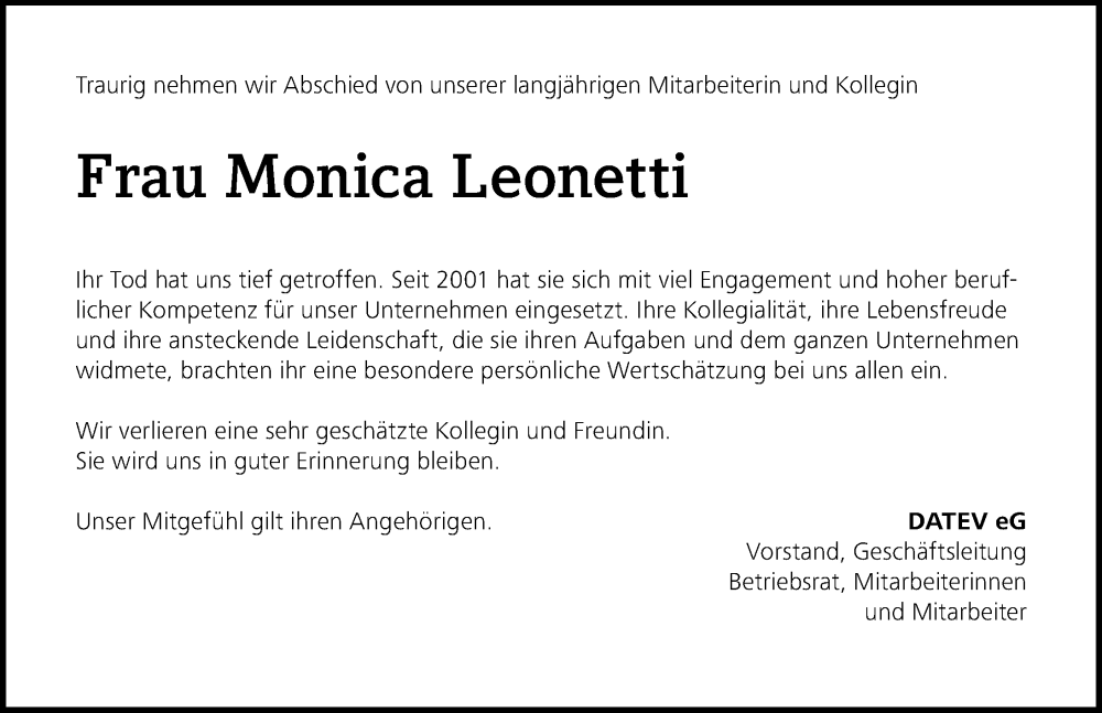  Traueranzeige für Monica Leonetti vom 12.10.2023 aus Gesamtausgabe Nürnberger Nachrichten/ Nürnberger Ztg.