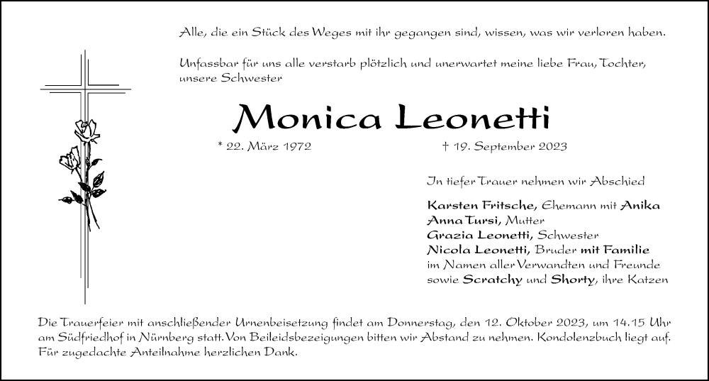  Traueranzeige für Monica Leonetti vom 10.10.2023 aus Gesamtausgabe Nürnberger Nachrichten/ Nürnberger Ztg.