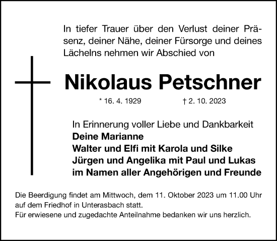 Traueranzeige von Nikolaus Petschner von Fürther Nachrichten Lokal
