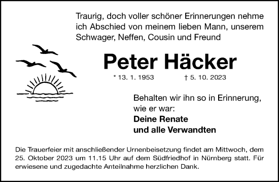 Traueranzeige von Peter Häcker von Gesamtausgabe Nürnberger Nachrichten/ Nürnberger Ztg.