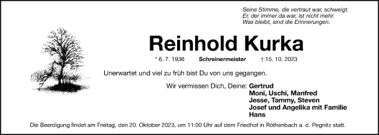 Traueranzeige von Reinhold Kurka von Gesamtausgabe Nürnberger Nachrichten/ Nürnberger Ztg.