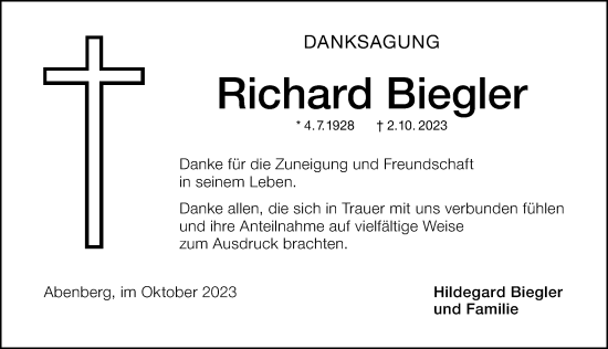 Traueranzeige von Richard Biegler von Schwabacher Tagblatt Lokal