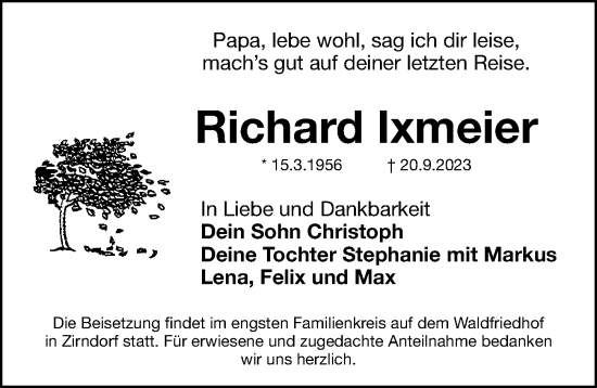 Traueranzeige von Richard Ixmeier von Gesamtausgabe Nürnberger Nachrichten/ Nürnberger Ztg.