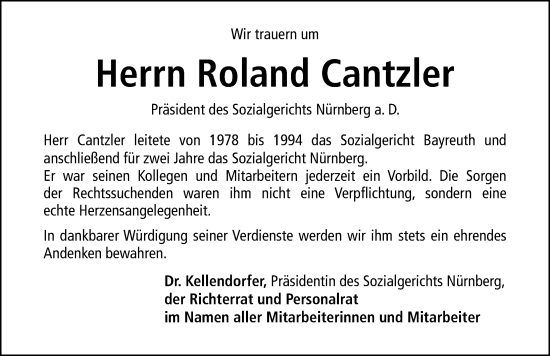 Traueranzeige von Roland Cantzler von Gesamtausgabe Nürnberger Nachrichten/ Nürnberger Ztg.