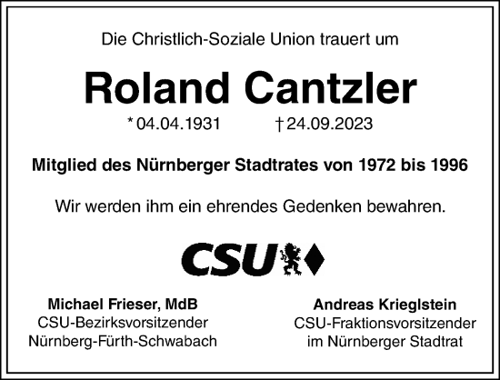 Traueranzeige von Roland Cantzler von Gesamtausgabe Nürnberger Nachrichten/ Nürnberger Ztg.